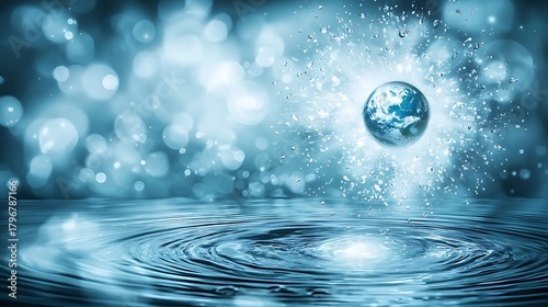 Fototapeta Naklejka Na Ścianę i Meble -  Floating water droplet capturing image of planet earth and soft white clouds above