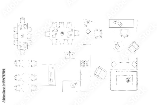 Top view of set furniture elements outline symbol for dining room, office, cafe, kitchen and living room. Interior icon chair, sink, table and sofa.
