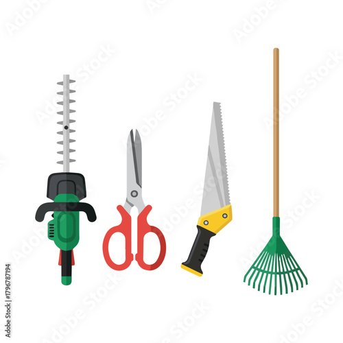 Garden Cutting and Raking Tools Illustration