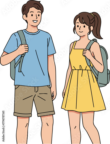 Create a Simple vector illustration material of male and female students wearing summer clothes vector art with white background.