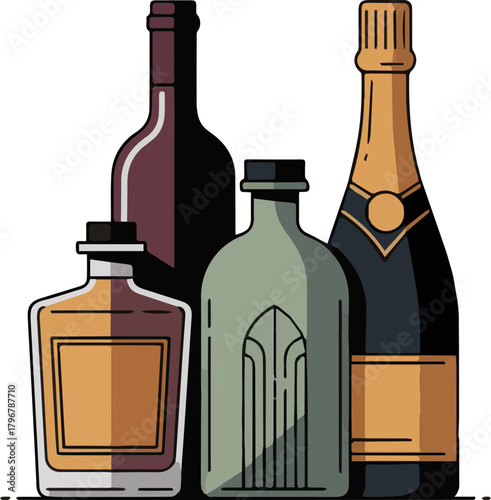 Create a kinds of deferent alcohol modern botol vector art with white background.