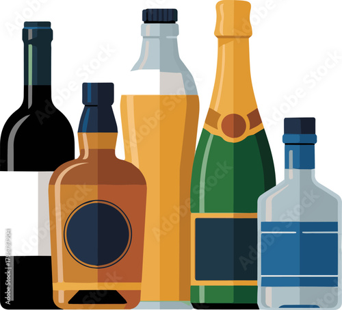 Create a kinds of deferent alcohol modern botol vector art with white background.