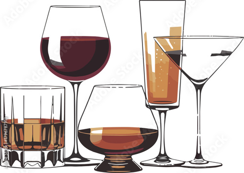 Create a kinds of deferent alcohol modern glass vector art with white background.