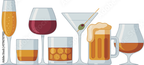 Create a kinds of deferent alcohol modern glass vector art with white background.