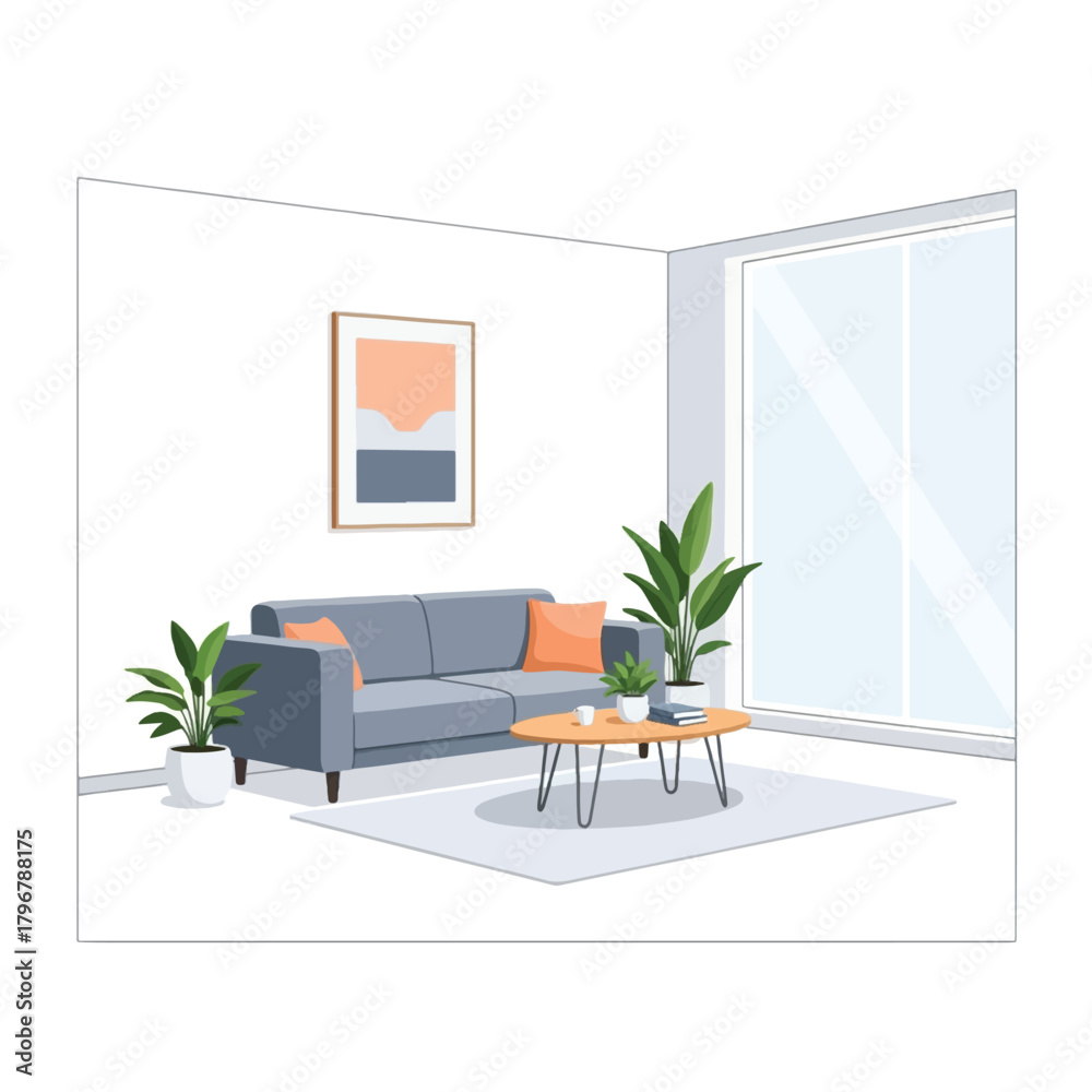 Fototapeta premium Modern minimalist living room interior with grey sofa, coffee table, and green plants by a large window.