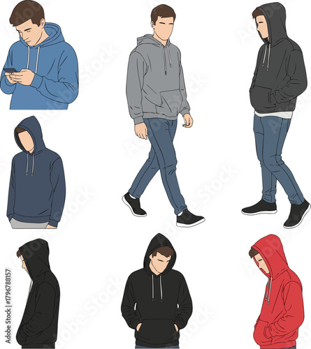 Create a kinds of deferent simple vector illustration of a young man wearing a hoodie vector art with white background.