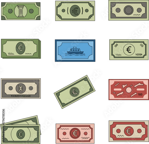 Create a kinds of deferent banknote simple icon illustration material vector art with white background