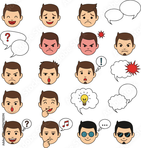 Create a kinds of deferent set of simple facial expression icons and speech bubbles for young men vector art with white background..