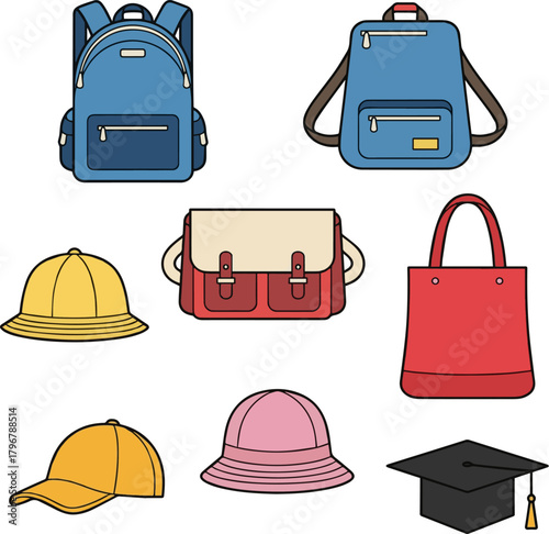 Create a kinds of deferent Simple vector illustration icon material of a school bag and school hat vector art with white background..