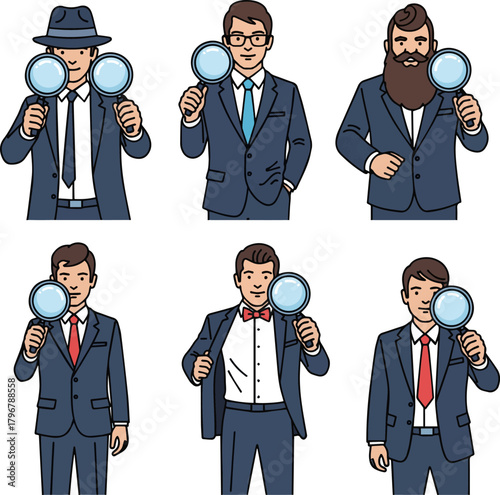 Create a kinds of deferent Simple vector illustration of a man in a suit holding a magnifying glass vector art with white background.
