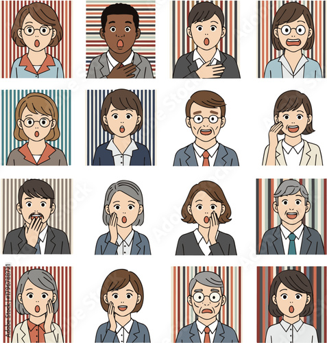 Create a kinds of deferent Simple vector illustration of a surprised office worker and a striped frame vector art with white background..