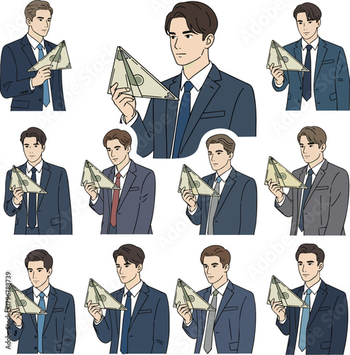 Create a kinds of deferent Simple vector illustration of a young man in a suit holding a triangular bill vector art with white background.