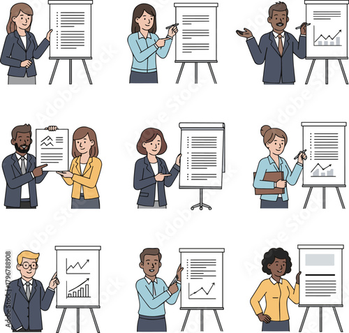 Create a kinds of deferent Simple vector illustration set of an office worker holding a flip chart vector art with white background..