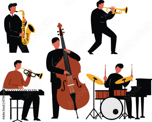 Flat illustration of five musicians playing various jazz instruments on a white background with a lively mood.