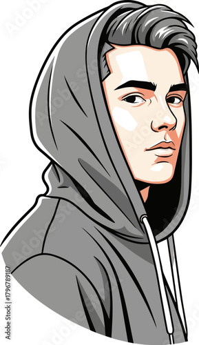 Create a  simple vector illustration of a young man wearing a hoodie vector art with white background.