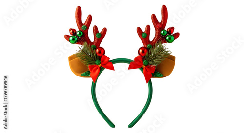 Festive red antler headband with green ornaments and bells for christmas holiday celebrations