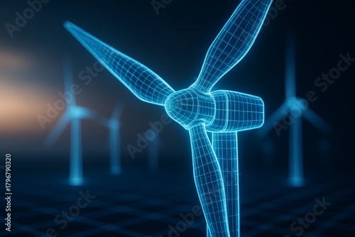Digital wireframe of wind turbine against dark futuristic background showing eco-friendly energy and green environment technology concept. Ai generative