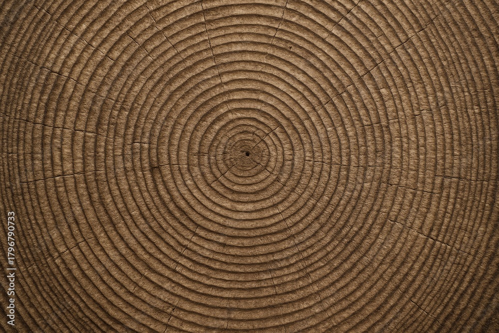 Fototapeta premium Close-up of natural tree trunk rings showing growth pattern and texture in concentric circles on a wooden background for eco concept design use. Ai generative