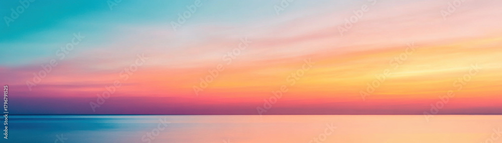 Fototapeta premium Dramatic orange and blue sky during sunset reflects on calm ocean water creating peaceful and vibrant seascape view