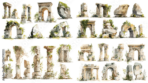 Detailed watercolor ancient ruins with arches, columns, and mossy stones. Modular archaeological clipart for history projects, fantasy maps, and heritage design.
