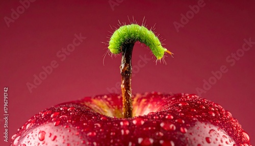 Fuzzy Green Caterpillar on Wet Red Apple