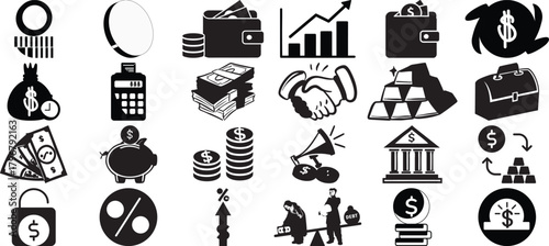 Finance Money Icons Set Line Vector Pack Banking Investment Currency Coin Banknote Chart Graph Piggy Bank Dollar Euro Wallet Glyphs Editable Stroke