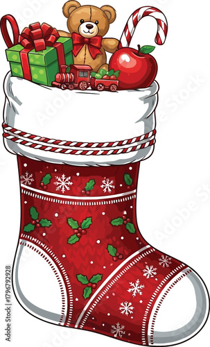 Christmas stocking overflowing with gifts and treats for the holiday season joy