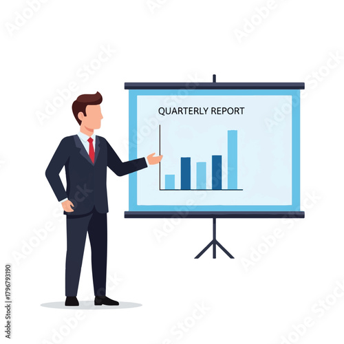 A businessman in a suit presents a quarterly report with a bar chart on a projector screen, illustrating business performance and financial data.