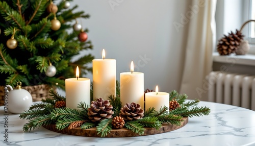 Scandinavian minimalist holiday decor with neutral tones, pine cone and candle arrangement on marble surface.