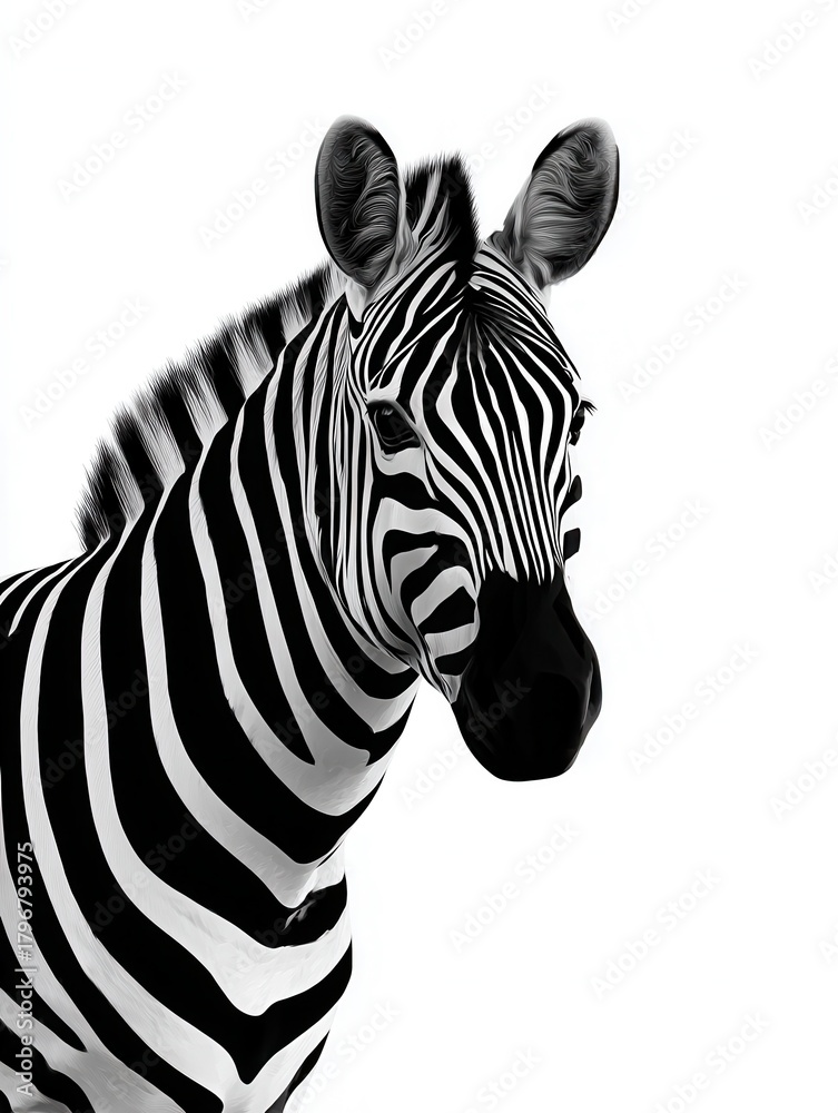 Naklejka premium A striking close-up of a zebra's face showcasing its unique black and white stripes. Ideal for wildlife and nature themes.