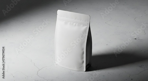 Blank White Stand-Up Pouch Mockup on Minimalist Studio Background, Ideal for Coffee Bag or Food Packaging Branding