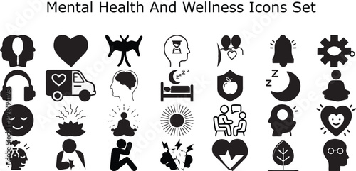 Mental Health And Wellness Icons Set Line Vector Pack Therapy Mindfulness Self Care Brain Heart Balance Yoga Meditation Happiness Stress Relief Glyphs Editable Stroke