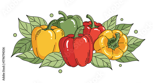 A vibrant and colorful illustration of assorted bell peppers with lush green leaves, showcasing fresh produce and healthy eating concepts, perfect for culinary designs.
