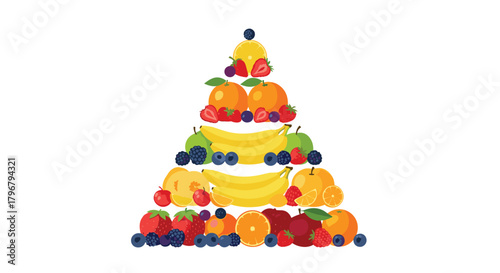 A colorful pyramid of fresh fruits including oranges, bananas, strawberries, blueberries, apples, and pears, arranged in a visually appealing composition.
