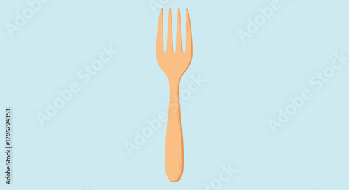 A simple illustration of a light-brown wooden fork centered on a pale blue background, representing sustainable dining or eco-friendly tableware.