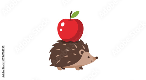 A charming illustration depicts a cute hedgehog carefully balancing a bright red apple on its spiky back, showcasing a whimsical autumn scene.
