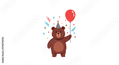 Adorable brown bear cub celebrates with a bright red balloon and colorful confetti, wearing a festive party hat for a joyful birthday or celebration moment.