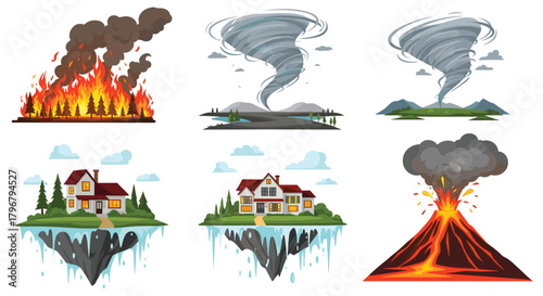 Illustrative set depicting various natural disasters including wildfires, tornadoes, flooding, and volcanic eruptions impacting landscapes and homes.