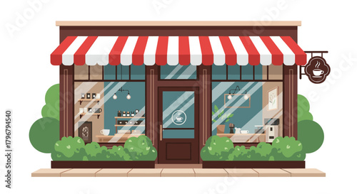Charming storefront of a cozy coffee shop with a red and white striped awning and inviting window display, perfect for illustrating local businesses and cafe culture.