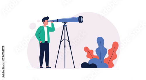 A young man gazes through a telescope, observing the distance with focused curiosity and a sense of exploration in a peaceful setting.