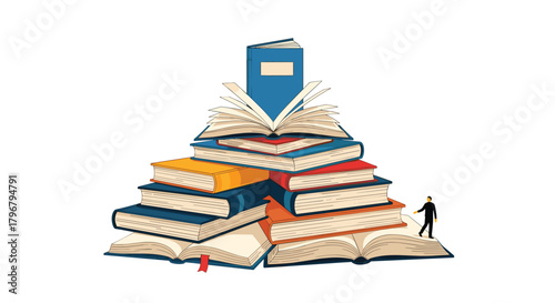A lone figure contemplates a towering stack of open books, representing knowledge, learning, and the pursuit of wisdom in a whimsical illustration.