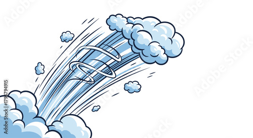 Cartoon illustration of a powerful waterspout rising from the ocean, depicted with swirling water and fluffy clouds, conveying a sense of dynamic weather and natural force.