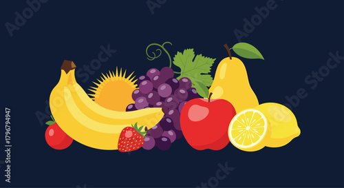 A vibrant and colorful assortment of fresh fruits including bananas, grapes, apples, pears, lemons, and strawberries, presented against a dark background.