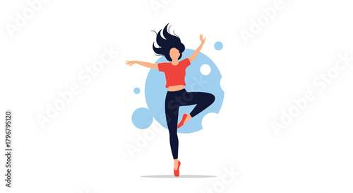 A joyful woman leaps with arms outstretched, embodying freedom and energy in a dynamic pose against a light blue backdrop.