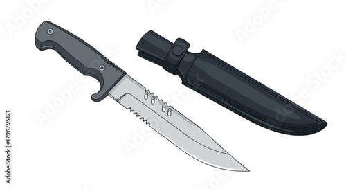 A detailed illustration of a survival knife with a black handle and sheath, showcasing its serrated blade and utility features for outdoor adventures.