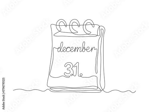 Abstract tear-off calendar. The date is December 31th. Happy new year. continuous single one line art drawing sketch, logo on white background