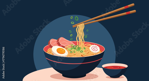 A vibrant illustration of a steaming bowl of ramen with chopsticks lifting noodles, showcasing traditional Japanese cuisine and a delicious meal experience.