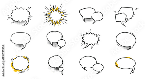 Collection of diverse comic book speech bubbles and thought balloons in black and yellow, ideal for storytelling and graphic design projects.