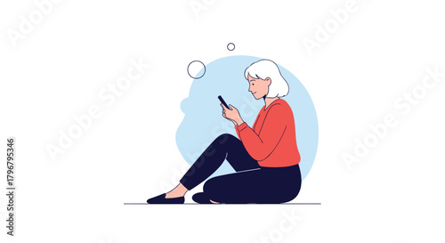A woman with short white hair sits cross-legged on the floor, focused on her smartphone, lost in thought or communication.