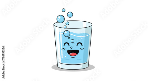 A cheerful cartoon illustration of a glass of water with a smiling face and bubbles rising, representing freshness and hydration, perfect for health and wellness concepts.
